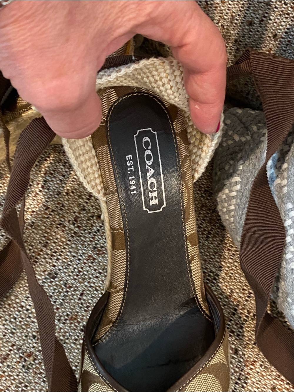 Coach Tan and Brown Signature Canvas Wedge Sandals with Ankle Wrap - Picture 2 of 14
